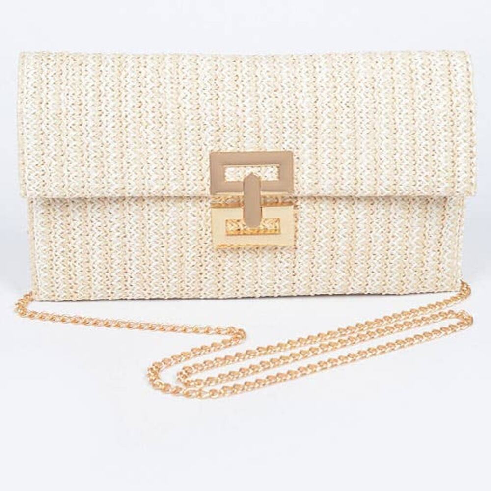 Ivory Faux Straw Clutch Gold Clasp